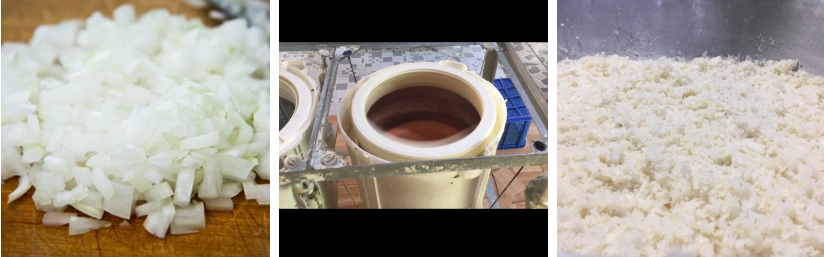 The process of slicing onions into granules, squeezing out the water and mixing it with flour.